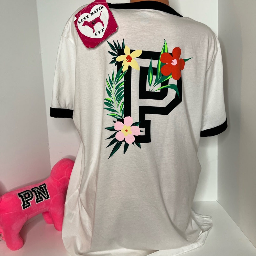 Victoria’s Secret PINK XL XXL Logo Crewneck Short-sleeve T-shirt Top Floral Trim